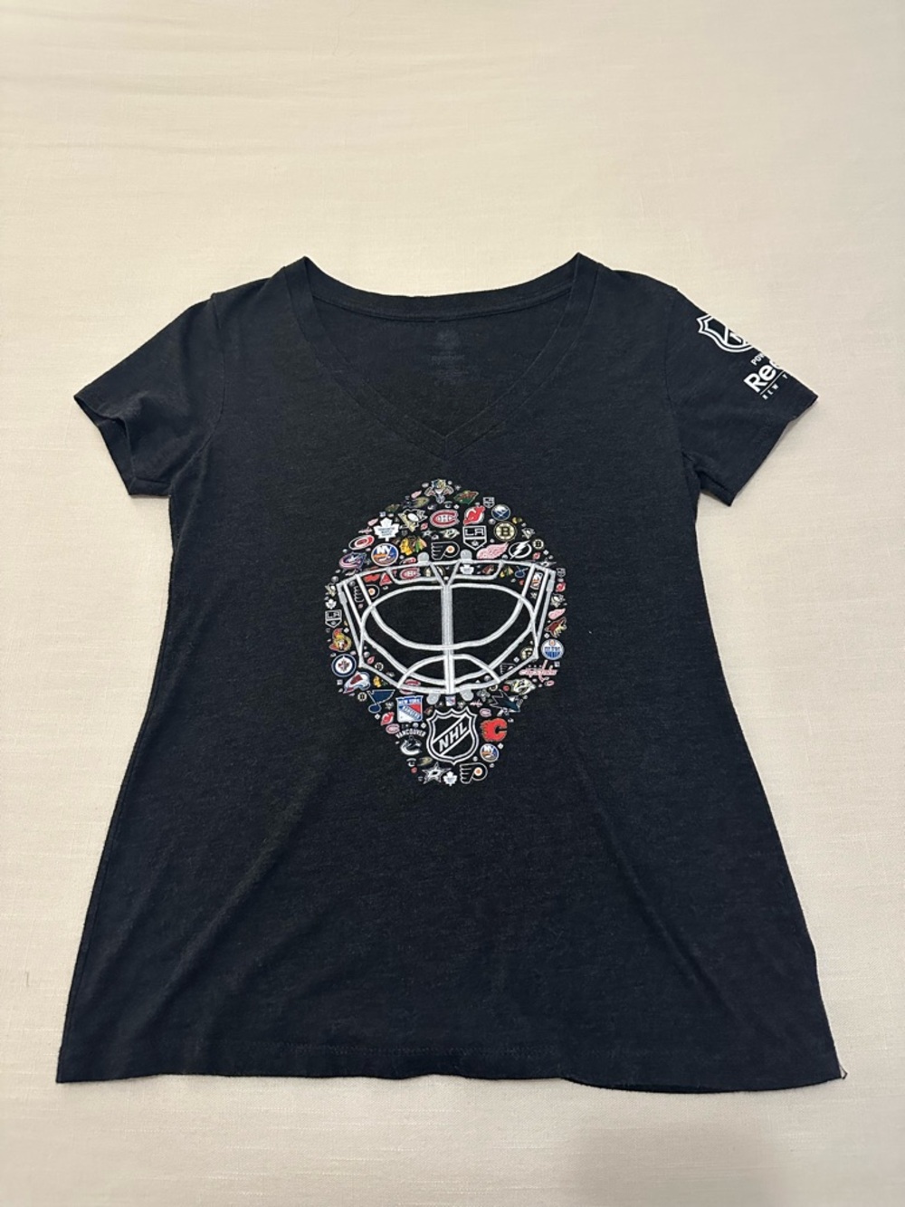 Reebok Black Women's V-Neck NYC NHL Mask Graphic Tee